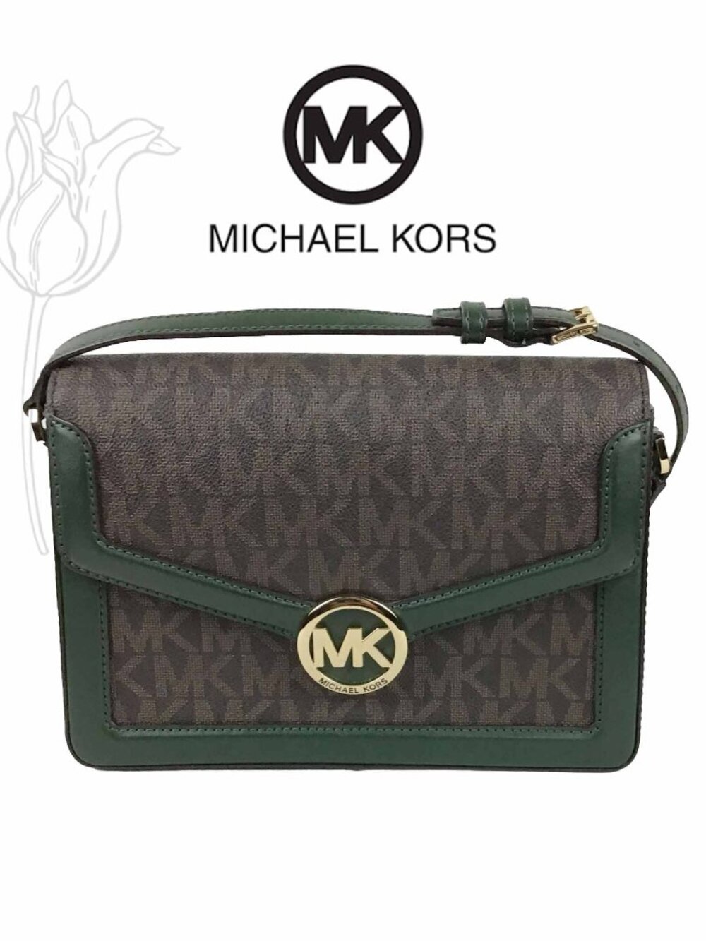 Micheal Kors Jessie Brown/Green Leather Crossbody Bag